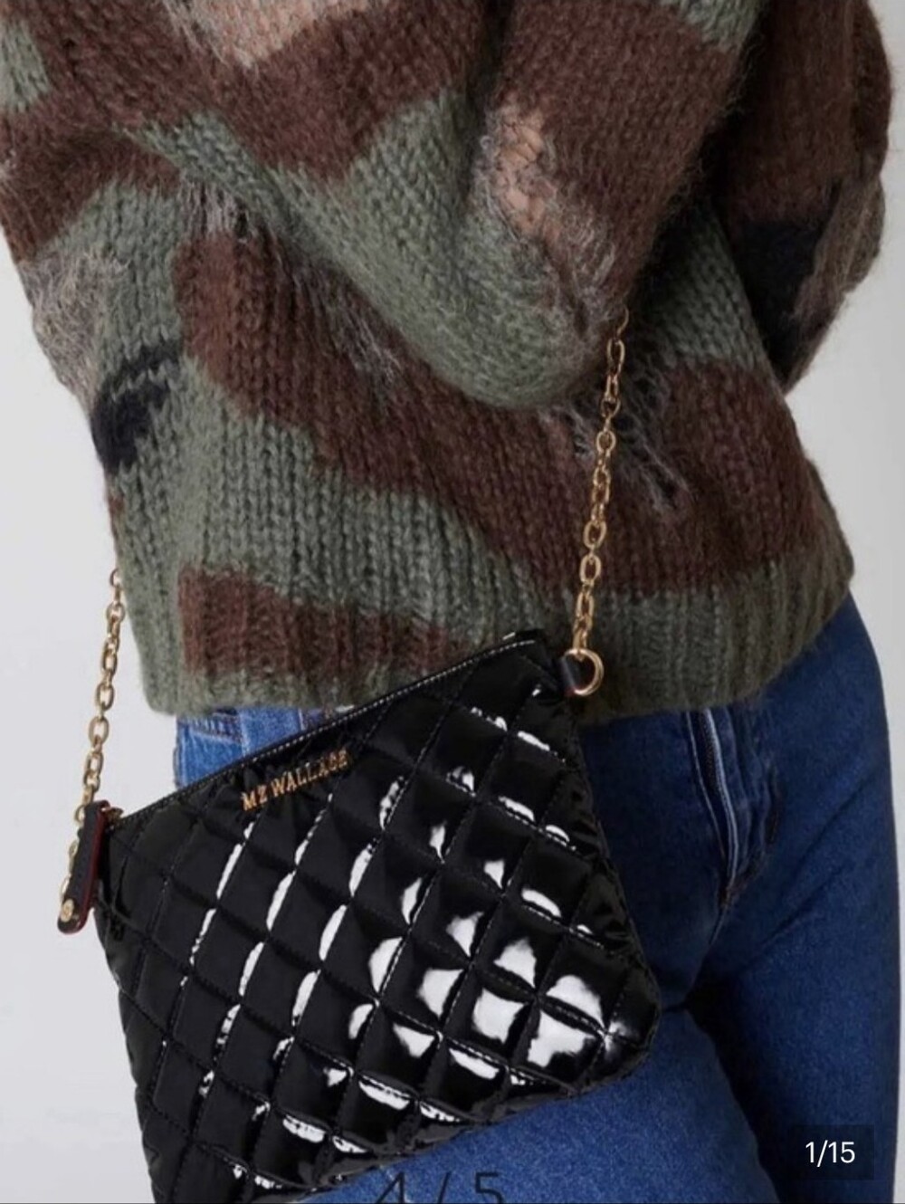 MZ Wallace Black Patent Quilted Crossbody with Gold Chain